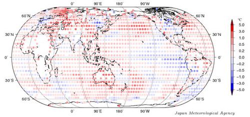 図：2013 年の年平均気温偏差の分布図